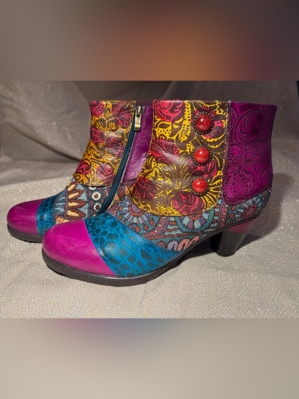 Colorful Socofy Boho Leather Booties, Size 42